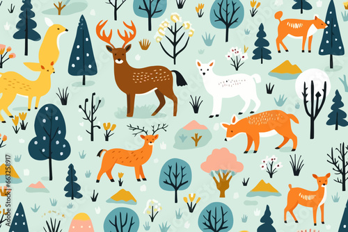 Wildlife in mountain habitats quirky doodle pattern, wallpaper, background, cartoon, vector, whimsical Illustration