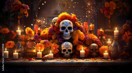 A lively Día de los Muertos tableau featuring a detailed sugar skull centerpiece surrounded by flickering candles and marigold garlands, 3D rendered illustration, a tribute to the Day of the Dead trad © Manuel