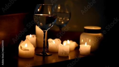 Glasses of wine, burning candles in the dark. The flame is reflected by the glare in the glasses. Romantic dinner, holiday, cozy