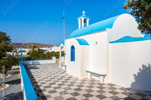 Typical Greek white church in Pollonia village, Milos island, Cyclades, Greece