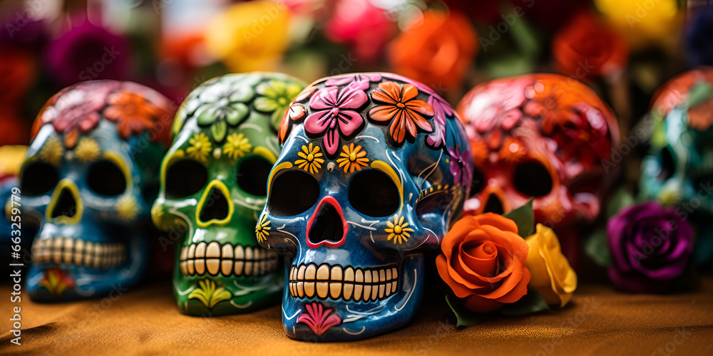Colorful candy sugar skulls with flowers on Day of the Dead festival in Mexico, Painted skull tiki mask skeletons from mexicos all saints day, GENERATIVE AI

