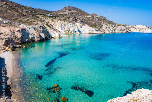 View of sea bay with beach in Firopotamos, Milos island, Cyclades, Greece