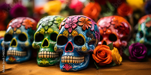 Colorful candy sugar skulls with flowers on Day of the Dead festival in Mexico, Painted skull tiki mask skeletons from mexicos all saints day, GENERATIVE AI

 photo