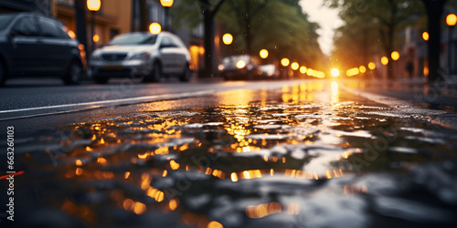 Rainy Urban Landscape  A wet street with cars and a stop light  a wet street with a few cars parked on it  GENERATIVE AI 