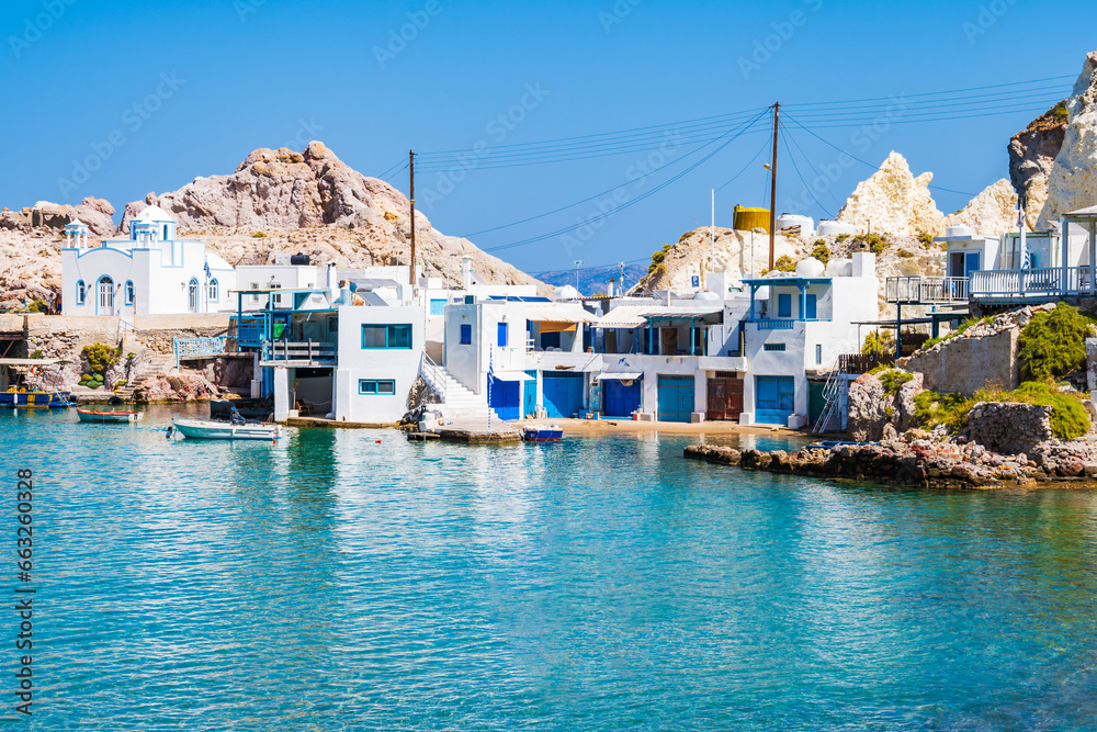 Houses for fishing boats in Firopotamos village, Milos island, Cyclades, Greece