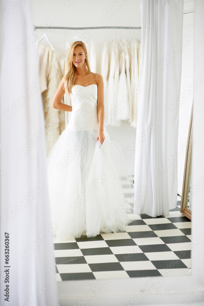 Fototapeta premium Wedding, dress and portrait of young bride in a luxury boutique, shop or store in a mall. Retail, style and female person from Canada preparing for marriage ceremony, party or reception for love.