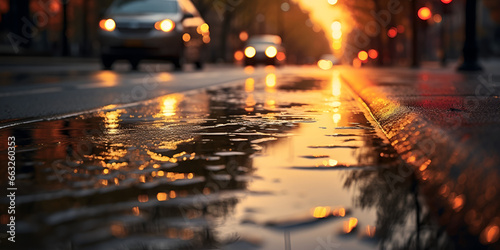 The hot sun beat down on the glistening asphalt reflecting the shimmering heat, Wet at the middle of the road surface from the rain blurry bokeh background, generative AI
