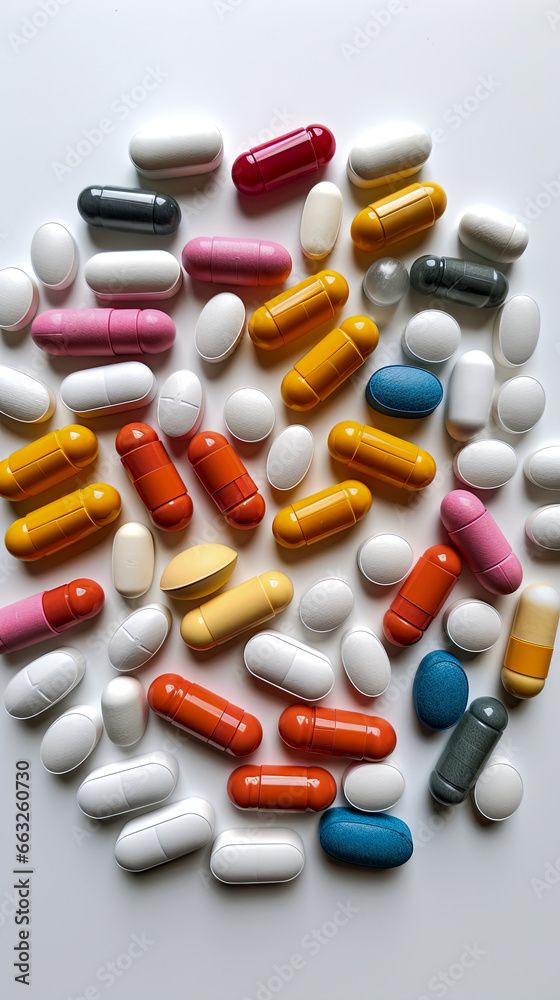 Abstract Backdrop, Vibrant Array, Pharmaceutical Pills and Capsules