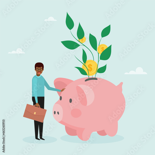 Investment growth, prosperity or earning more money from savings, mutual funds. The guy is standing next to a pig piggy bank. Modern vector illustration in flat style
