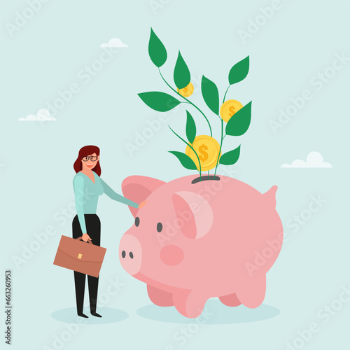 Investment growth, prosperity or earning more money from savings, mutual funds. A girl stands next to a pig piggy bank. Modern vector illustration in flat style
