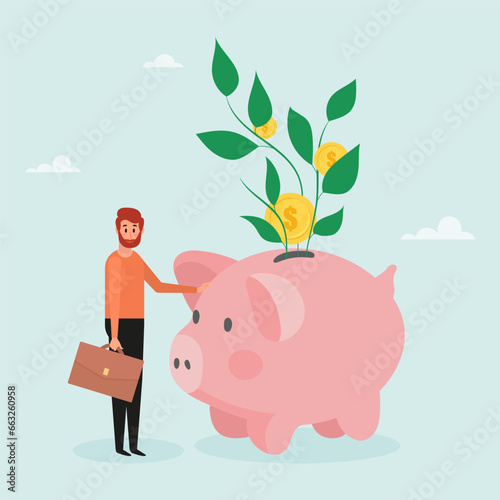 Investment growth, prosperity or earning more money from savings, mutual funds. The guy is standing next to a pig piggy bank. Modern vector illustration in flat style
