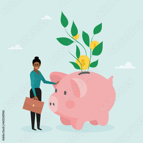 Investment growth, prosperity or earning more money from savings, mutual funds. A girl stands next to a pig piggy bank. Modern vector illustration in flat style
