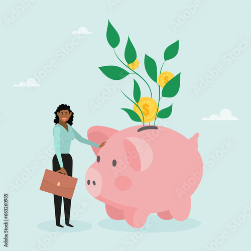 Investment growth, prosperity or earning more money from savings, mutual funds. A girl stands next to a pig piggy bank. Modern vector illustration in flat style
