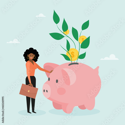 Investment growth, prosperity or earning more money from savings, mutual funds. A girl stands next to a pig piggy bank. Modern vector illustration in flat style
