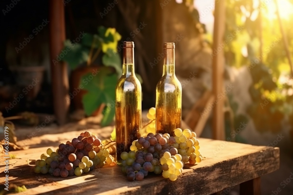 Sunlit wine bottles on table near vineyard, old cellar, vintage storage. Ripe grapes in Mediterranean rural. Generative AI