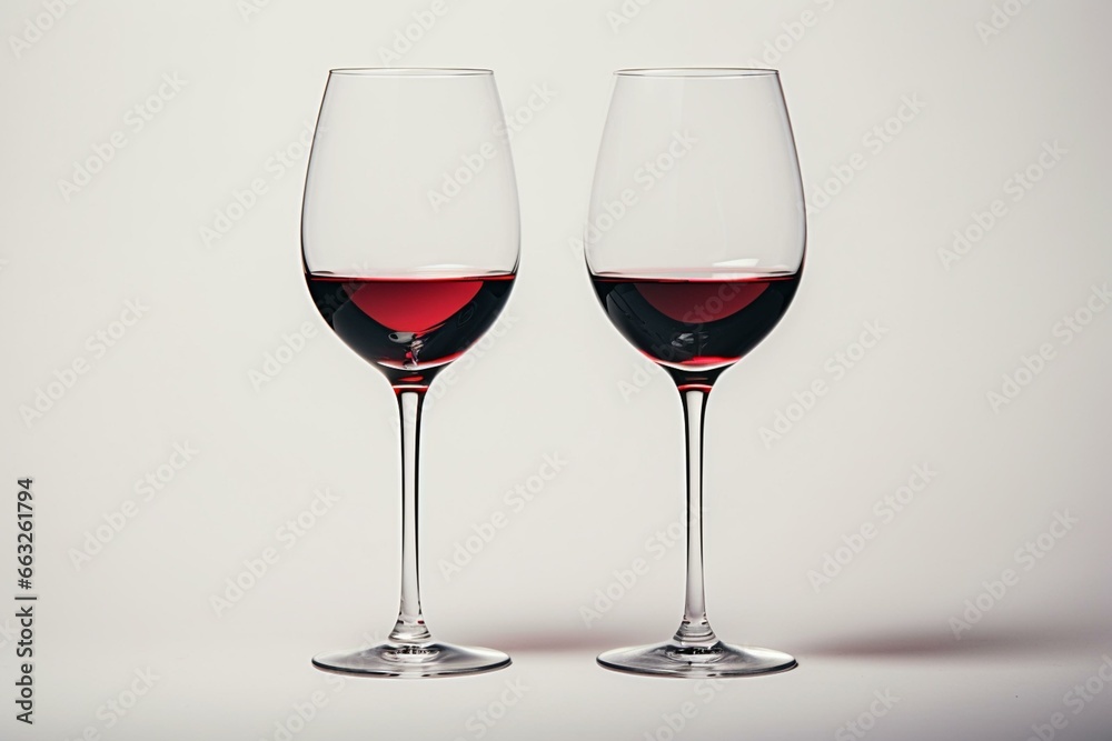 Two wine glasses sit together on a white background. Generative AI