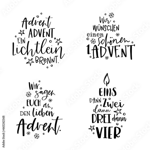 Collection of vector handwritten Advent calligraphic lettering text in German language for example "Happy first Advent" Great for calendar, greeting card, poster. Religious nativity.
