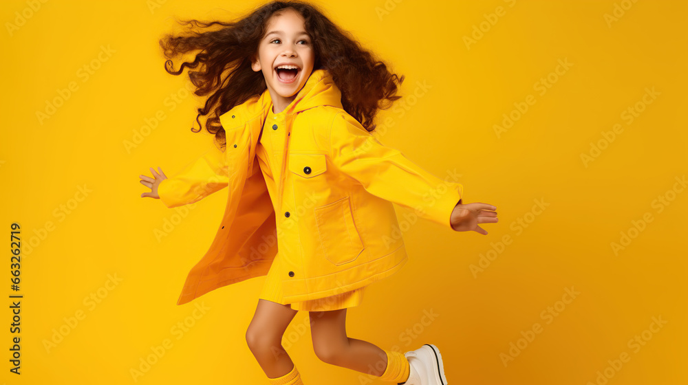 portrait of a jumping child isolated on yellow background portrait of a jumping child isolated on yellow background