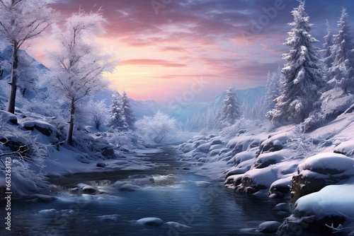 Magic winter scene with a widescreen, generative ai © Nia™