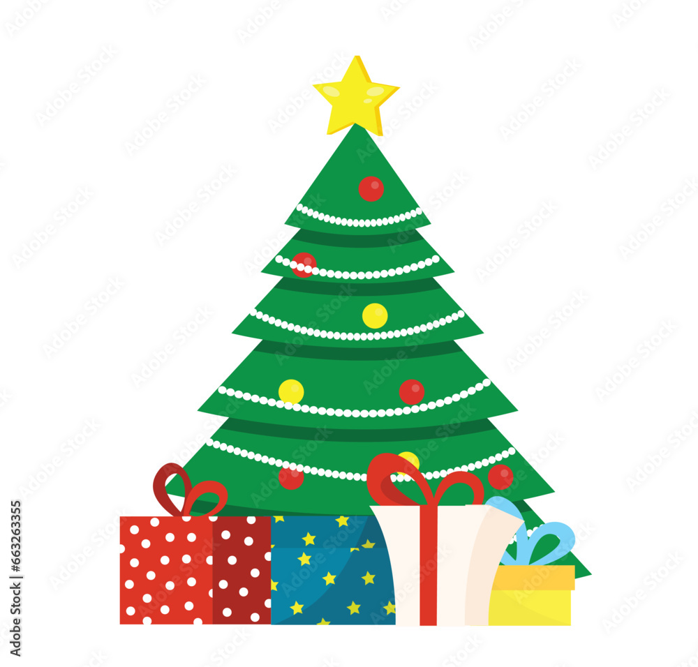 Flat Style Christmas Tree with Presents Isolated on White. An international holiday vector illustration