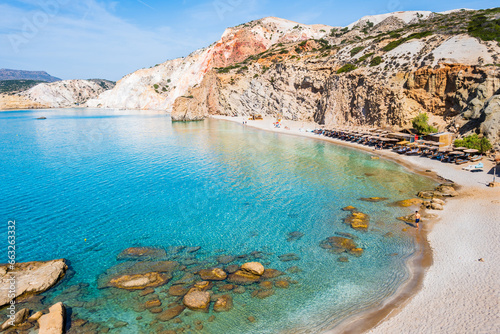 Obraz na płótnie View of beautiful sandy Fyriplaka beach with azure sea water, Milos island, Cyclades, Greece w salonie