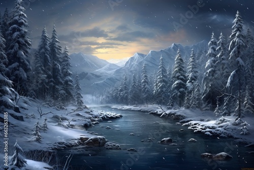 Magic winter scene with a widescreen  generative ai