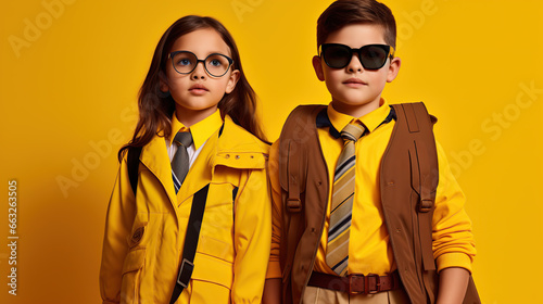 kids wearing uniform isolated on yellow background 