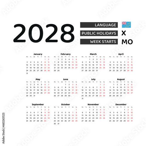Calendar 2028 English language with Tuvalu public holidays. Week starts from Monday. Graphic design vector illustration.