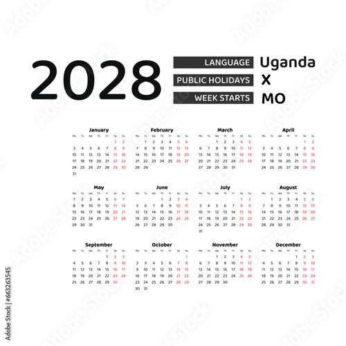 Calendar 2028 English language with Uganda public holidays. Week starts from Monday. Graphic design vector illustration.