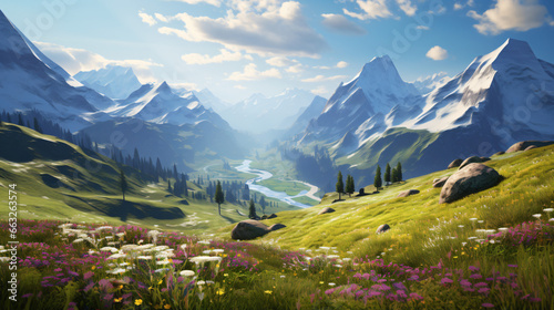 A picturesque Alps view with flowering flowers lush