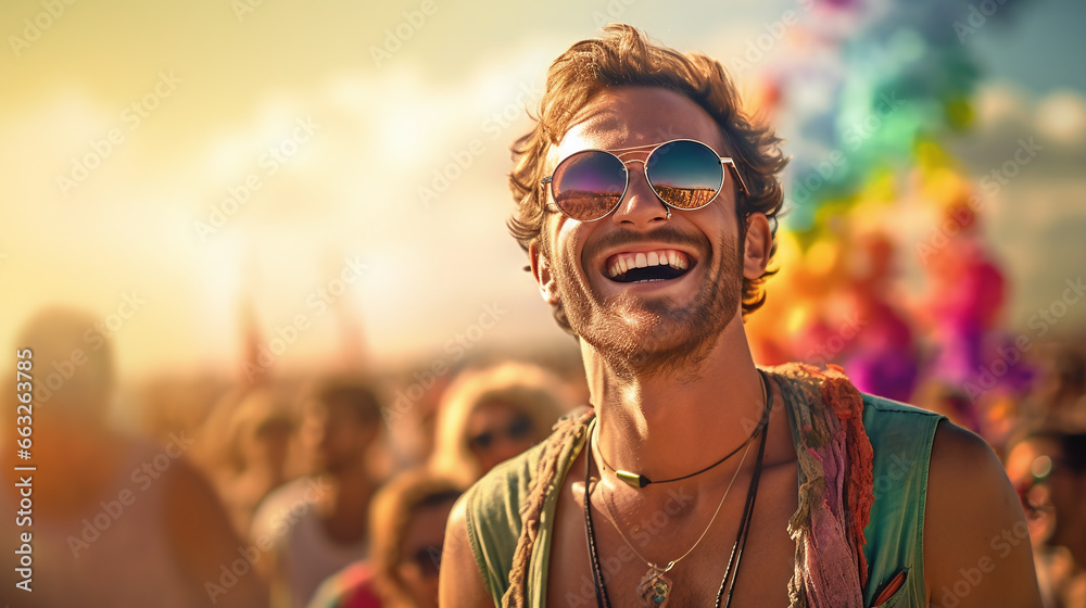 Man at pride festival or beach party, happy smiling under gay rainbow flag. People on beach open air festival or summer street - obrazy, fototapety, plakaty 