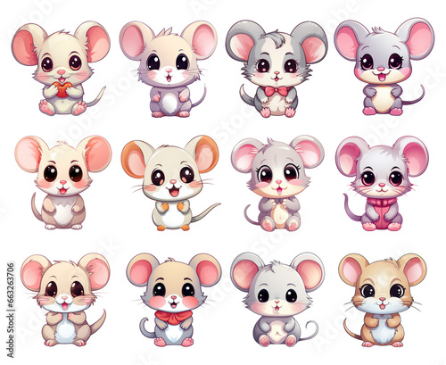 cute mouse illustrations set. set of cute chibi mouse icons. funny mouse stickers collection.
