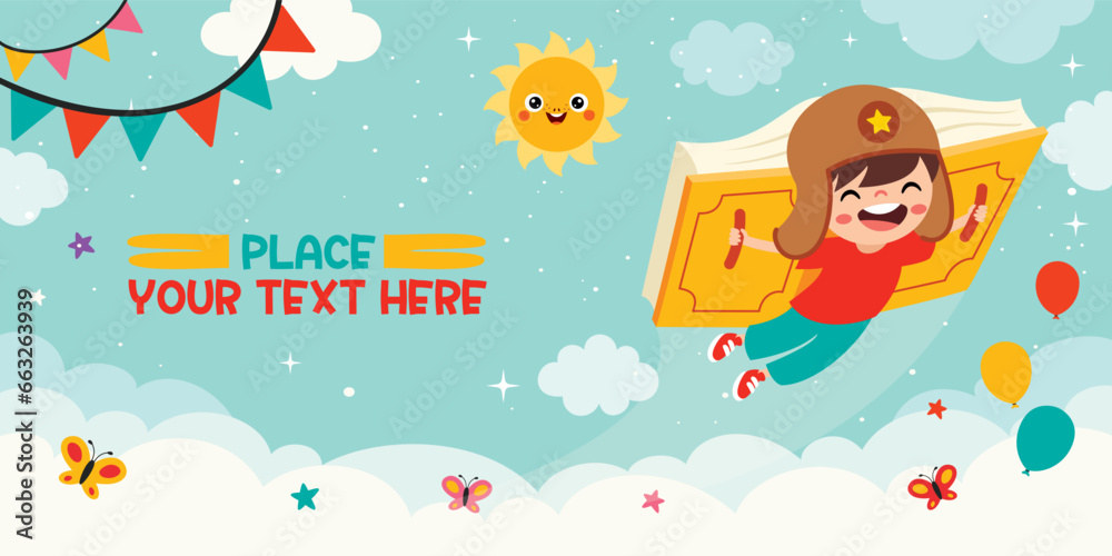 Cartoon Kid Flying With Book