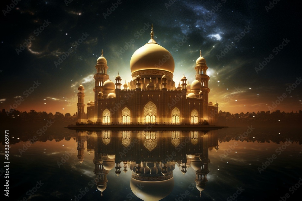 A majestic mosque with a beautiful golden dome, portraying the spirit of Ramadhan Kareem. Generative AI