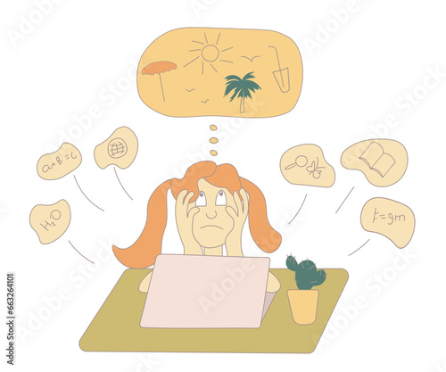 Color vector illustration dreaming girl on a white background. Cartoon style, drawing. Idea for school websites, posters.