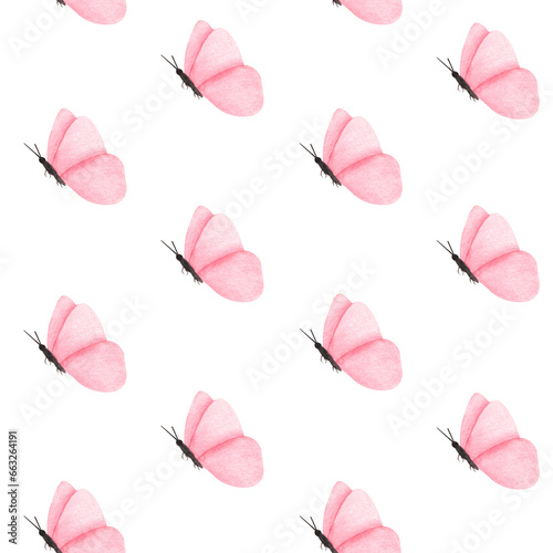 Cute watercolor seamless pattern with pink butterflies. Hand drawn butterfly illustration for design, textile, fabric, wrapping paper © Molnar
