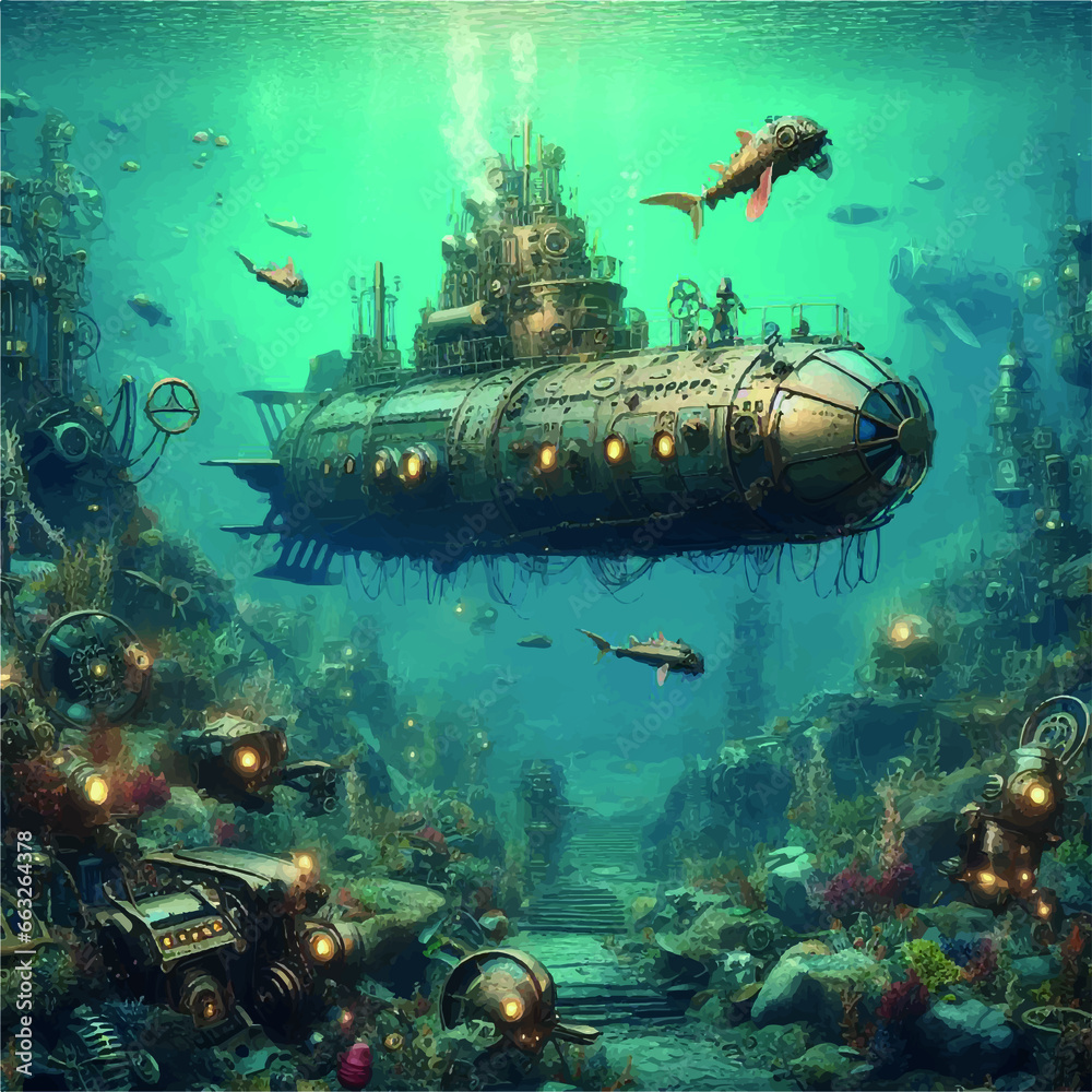 Steampunk-themed submarine exploring the depths of an underwater world filled with mechanical sea creatures.