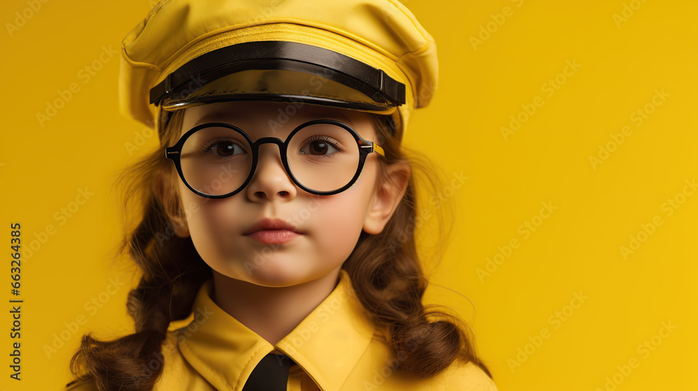 portrait of a girl wearing uniform isolated on yellow background 