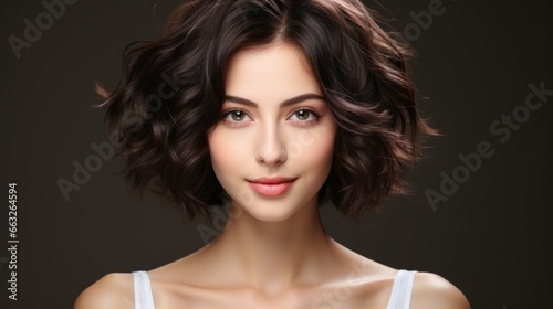 beauty brunette woman model with short hair with natural makeup perfect clean skin