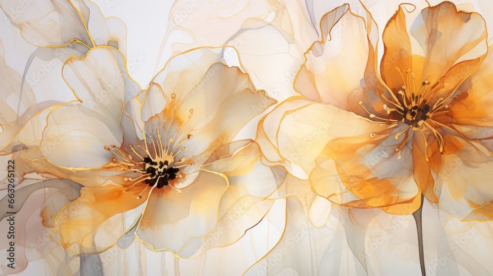 Abstract painted watercolor ink fluid liquid painting of orange flowers petals with gold details isolated on white backgrpound