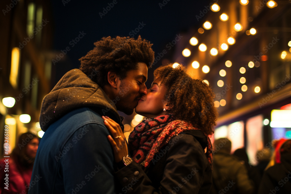 kissing portrait of an elegant couple celebration New Year's Eve party