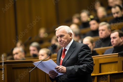 Politician during a speech and presenting the electoral program of his party in parliament photo