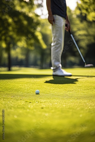 Close up de pies y palo de golf en campo de golf. 