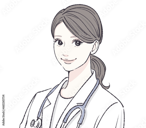 白衣/女医/医師/医者/医療従事者/美容外科/美容外科医/歯科医/精神科医/精神科/アドバイザー/内科/看護師/専門医/エステ/エステティシャン/コーチ/コーチング/講師/管理栄養士/栄養士/解説者/説明/美肌/研究/専門家/説明/健康/整体師/ダイエットコーチ/マッサージ師/女性のイラスト