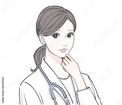 白衣/女医/医師/医者/医療従事者/美容外科/美容外科医/歯科医/精神科医/精神科/アドバイザー/内科/看護師/専門医/エステ/エステティシャン/コーチ/コーチング/講師/管理栄養士/栄養士/解説者/説明/美肌/研究/専門家/説明/健康/整体師/ダイエットコーチ/マッサージ師/女性のイラスト