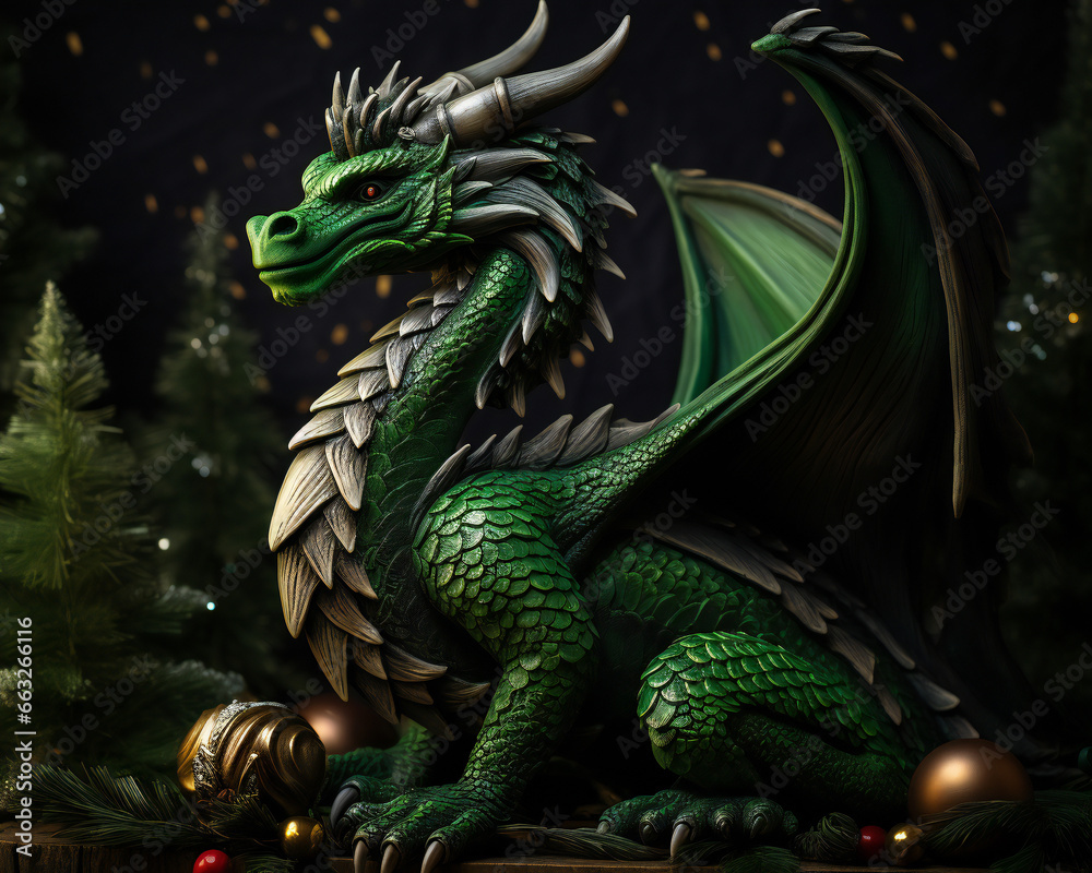 Fototapeta premium Realistic green dragon with christmas decorations on the background of christmas trees. Symbol of 2024, Chinese New Year. Traditional Chinese festival. AI generated