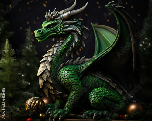 Realistic green dragon with christmas decorations on the background of christmas trees. Symbol of 2024  Chinese New Year. Traditional Chinese festival. AI generated