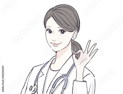白衣/女医/医師/医者/医療従事者/美容外科/美容外科医/歯科医/精神科医/精神科/アドバイザー/内科/看護師/専門医/エステ/エステティシャン/コーチ/コーチング/講師/管理栄養士/栄養士/解説者/説明/美肌/研究/専門家/説明/健康/整体師/ダイエットコーチ/マッサージ師/女性のイラスト