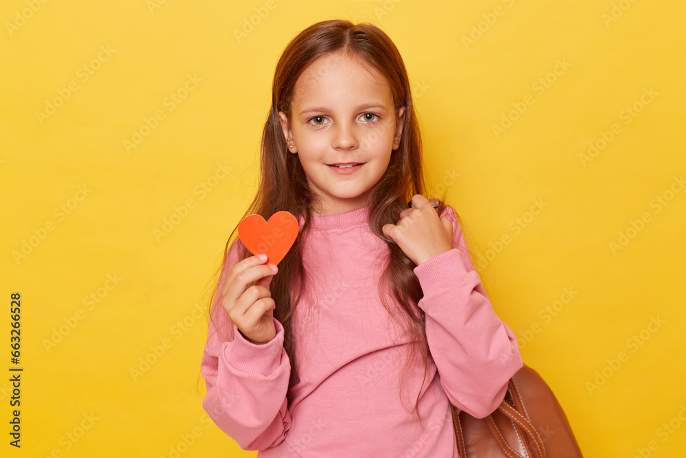 Charming smiling beautiful brown haired little girl wearing pink sweatshirt isolated over yellow background showing little heart looking at camera with happy facial expression. Charming smiling beautiful brown haired little girl wearing pink sweatshirt isolated over yellow background showing little heart looking at camera with happy facial expression.