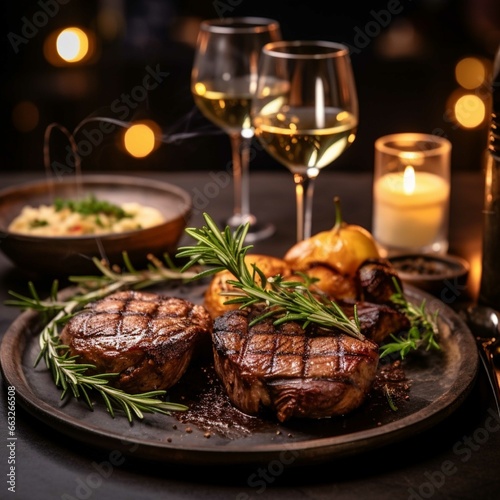 Grilled steak with rosemary and a glass of wine on a wooden table
